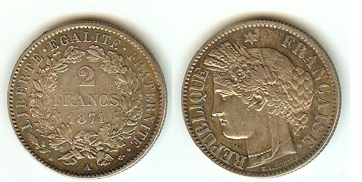 2 Francs Cérès 1871A Paris avec légende SUP+